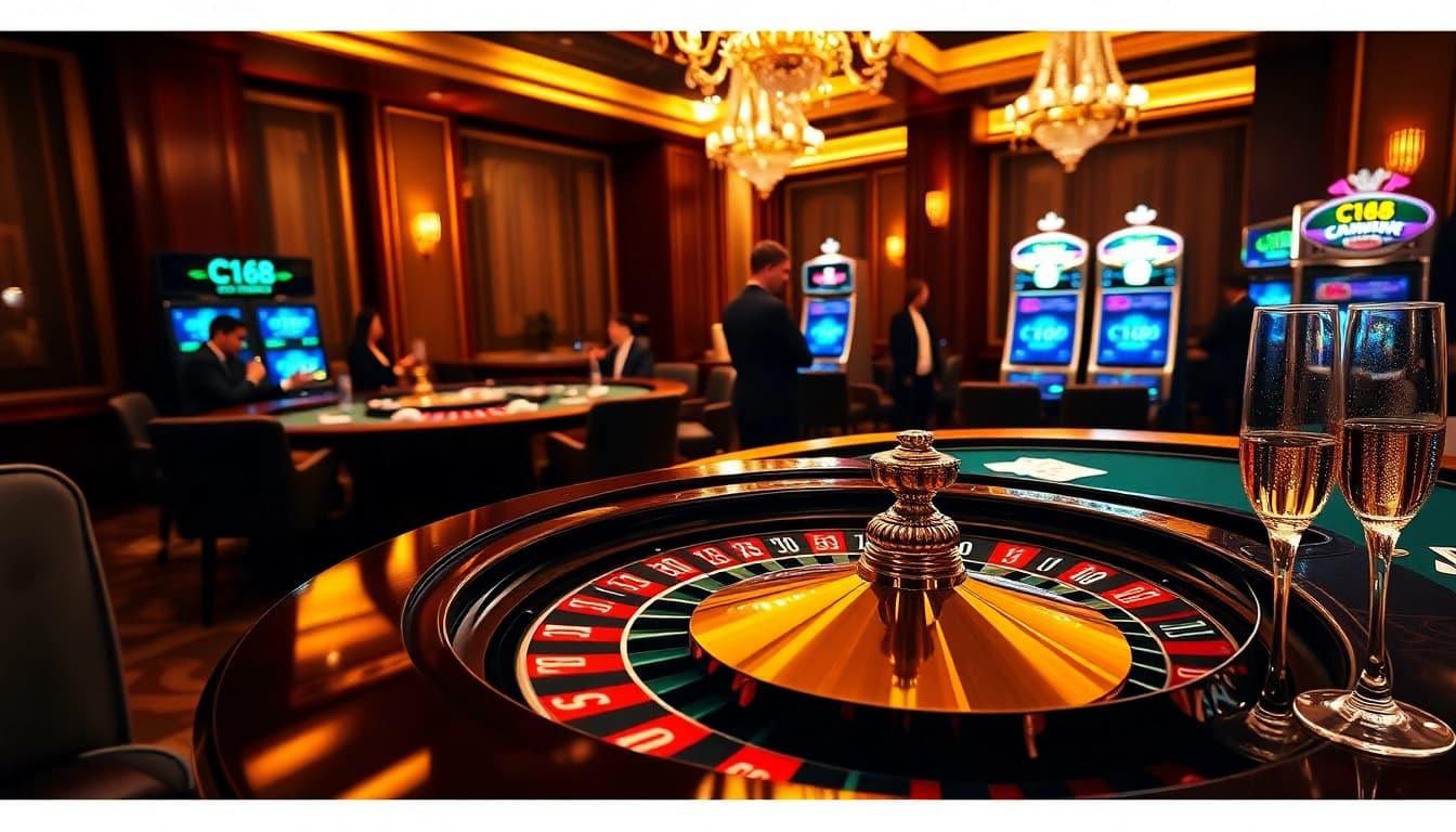 C168 casino gaming table with vibrant roulette wheel and engaging players.