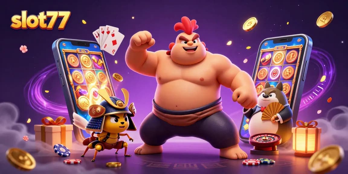 Experience thrilling gameplay with slot77 as the powerful sumo rooster embraces victory amidst vibrant casino elements.