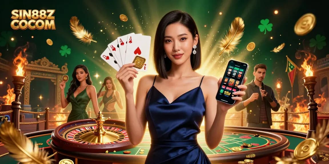 Experience the thrill of gaming with SIN88Z COCOM as a stunning Asian woman holds a golden chip and smartphone in a vibrant casino scene.