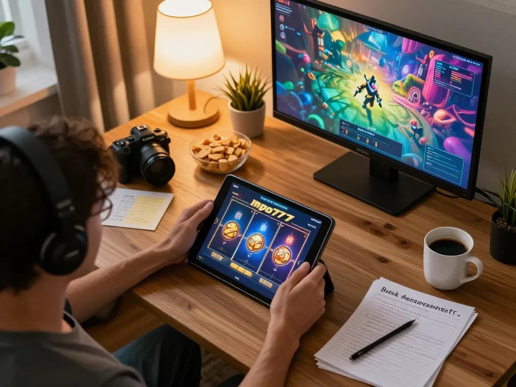 Engaging evening at home playing slot mpo777 on a tablet, showcasing a cozy gaming atmosphere.