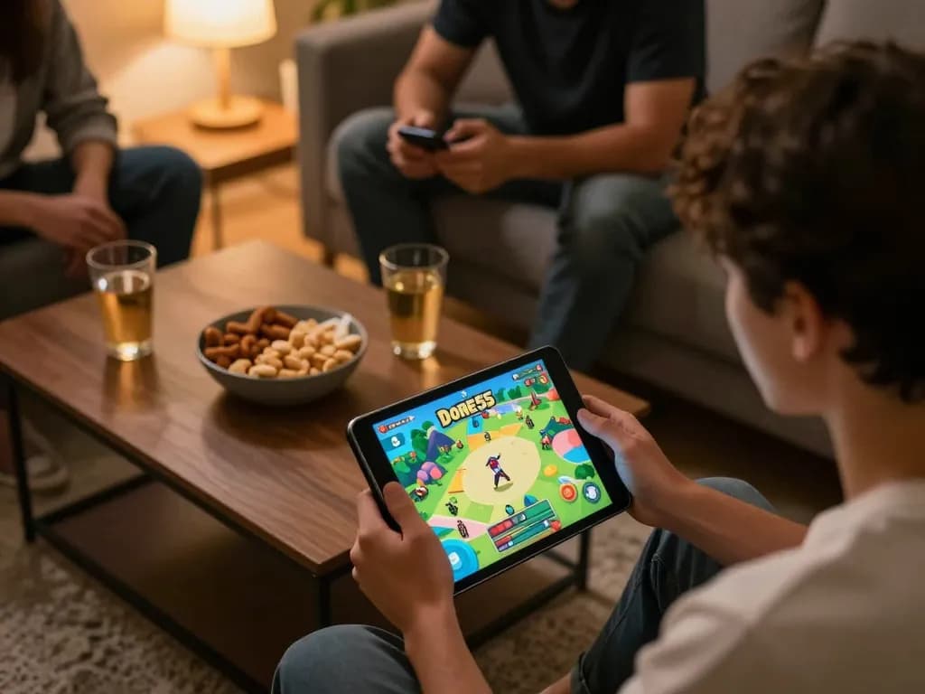 Player immersed in the Done55 game on a tablet, enjoying a cozy gaming night with friends.
