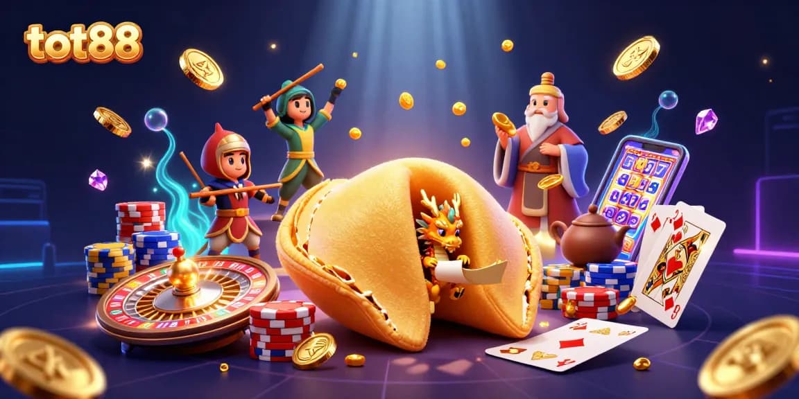 Tot88 features a dynamic casino scene with a golden fortune cookie and gaming elements.