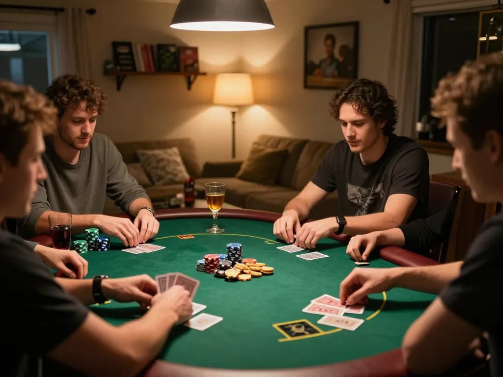 Engaged players enjoying a friendly poker game at home, showcasing cards and chips from https://lv88cha.com/ gaming strategy.