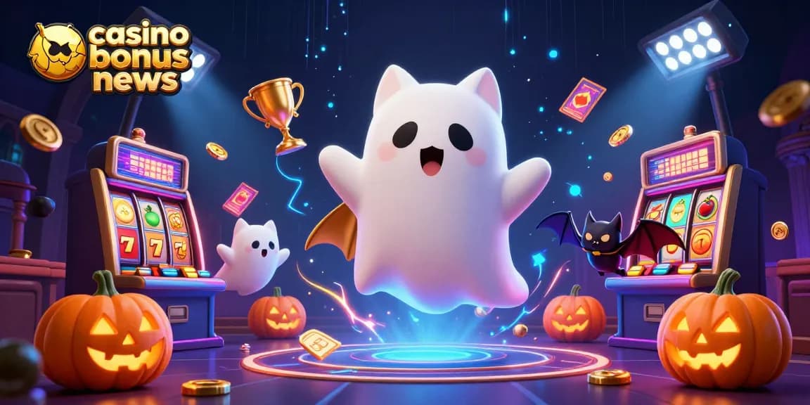 Engage with the latest casino bonus news featuring vibrant ghost cat and bat characters in a haunted casino.