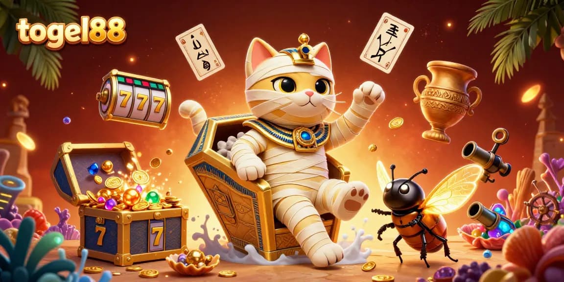 Togel88 offers an exciting casino experience with a mummy cat, glowing beetle, and vibrant game elements.
