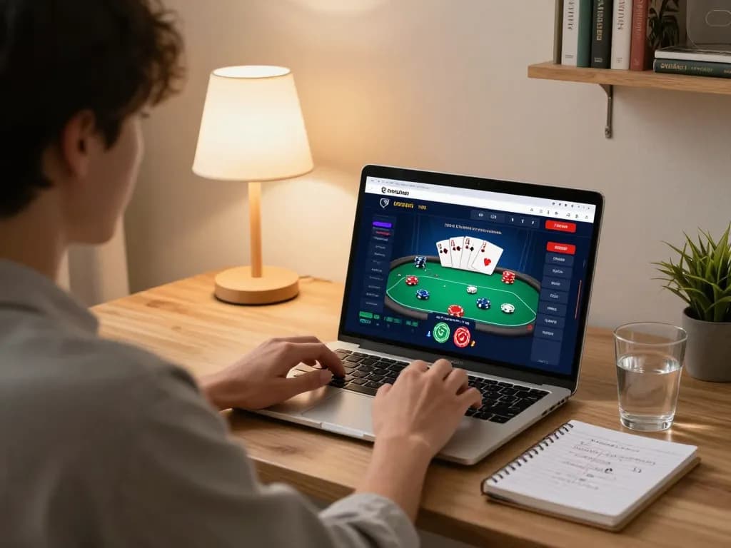 Engaging gameplay on trang chủ uu88 with poker displayed on a laptop, creating a cozy home gaming atmosphere.