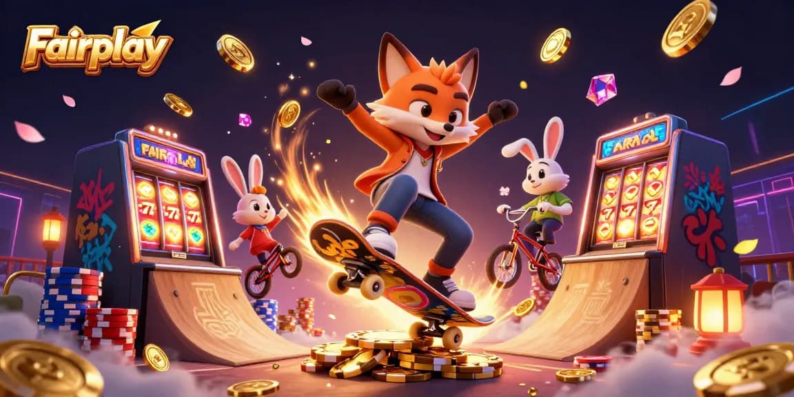 Experience Fairplay with lively 3D characters, golden chips, and exciting slot machine action.