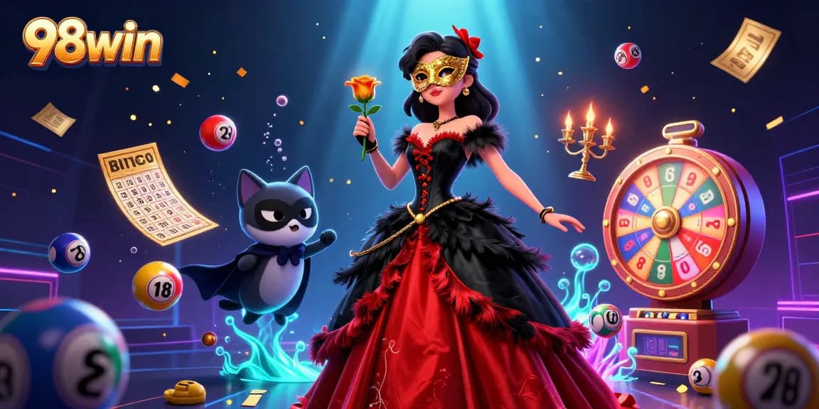 Join the excitement at 98win with vibrant lottery balls and casino elements creating a thrilling experience.