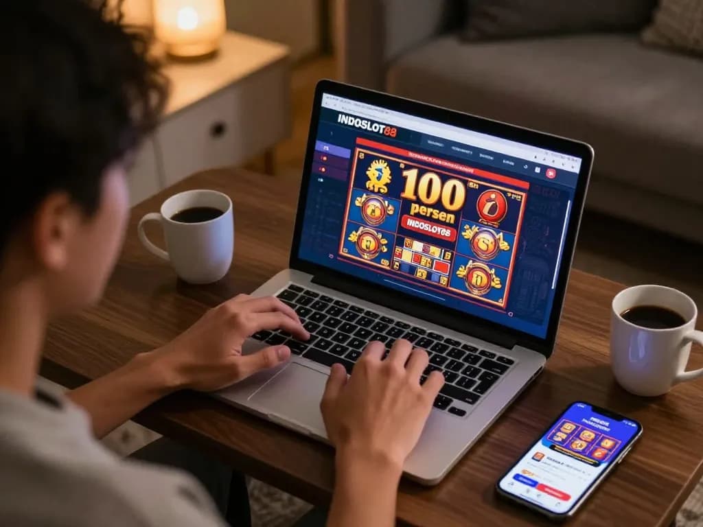 Player enjoying the online gaming experience with bonus 100 persen INDOSLOT88, showcasing a laptop and casino app.