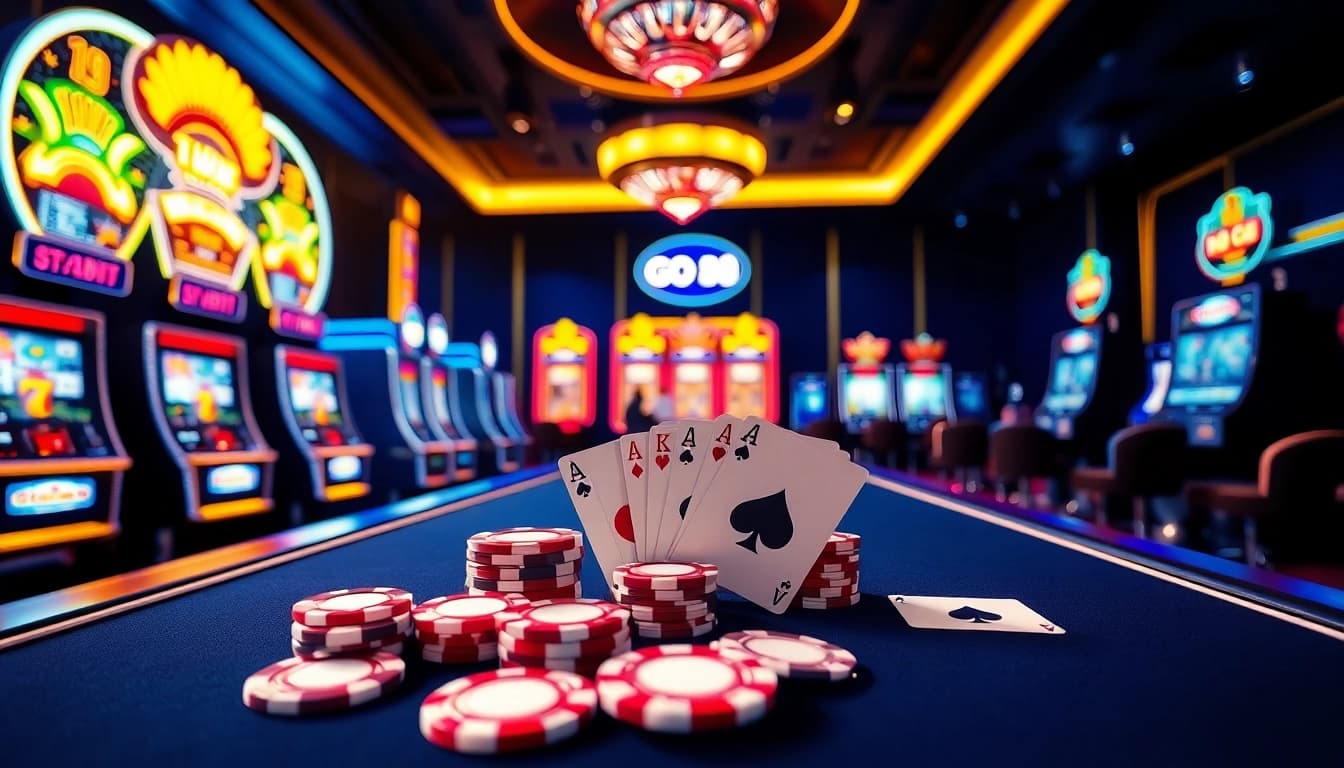 Experience thrilling gameplay at GO 88 with dynamic casino action featuring poker chips and slot machines.