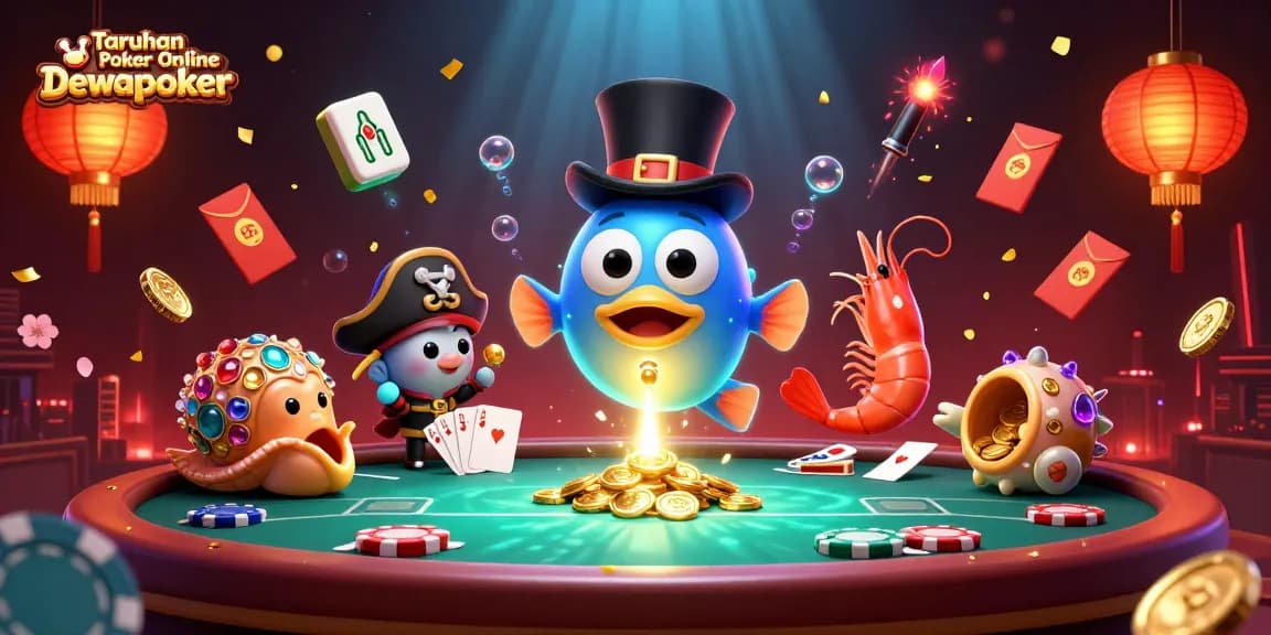 Engage with Taruhan Poker Online Dewapoker at a vibrant poker table with animated treasures.