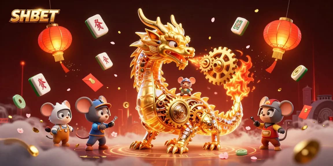 Experience winning at SHBET with a golden dragon and festive casino elements in a vibrant illustration.