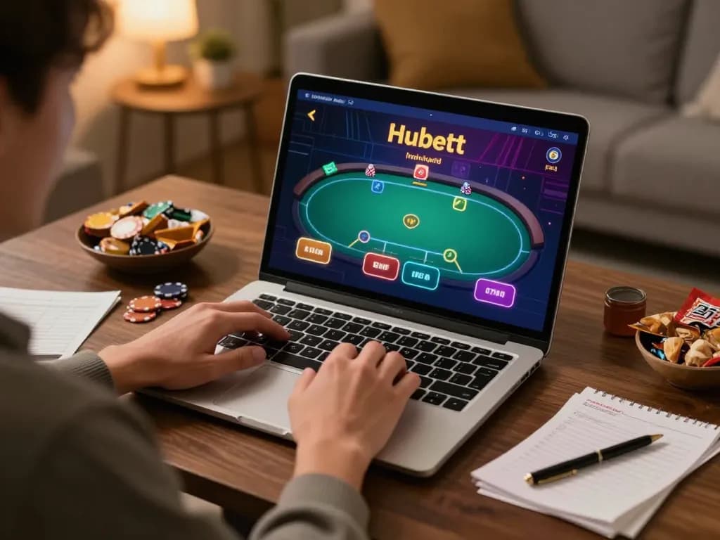 Engaging in Hubet online gaming at home with a laptop and snacks, showcasing responsible gambling.