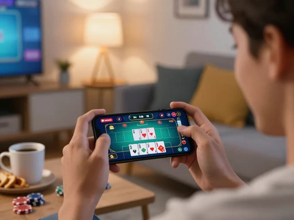 may88 user enjoying a mobile casino game experience in a cozy living room