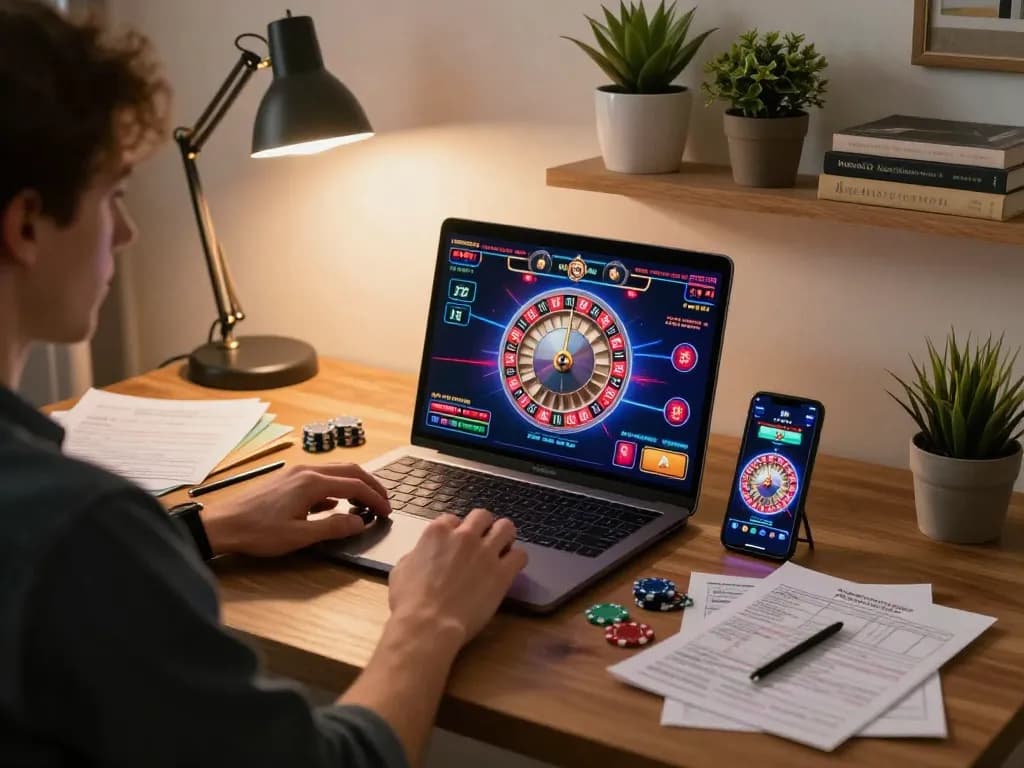 Enjoying a thrilling online roulette game on a laptop at home during a cozy evening, 88aa