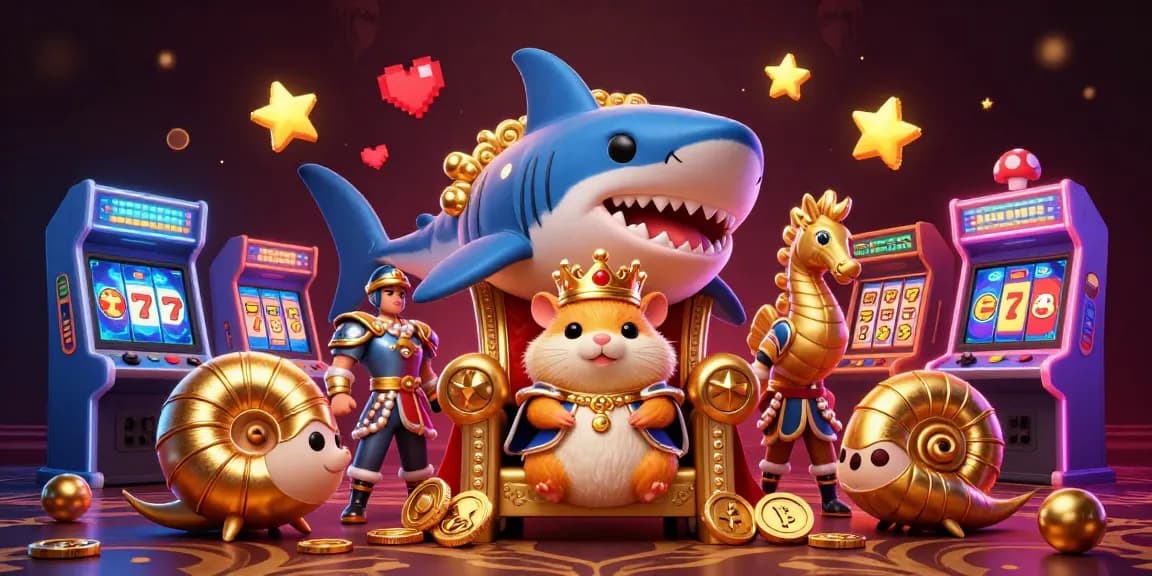 Experience the thrilling games at 텐텐벳 with vibrant visuals of arcade machines and a fearless hamster king.