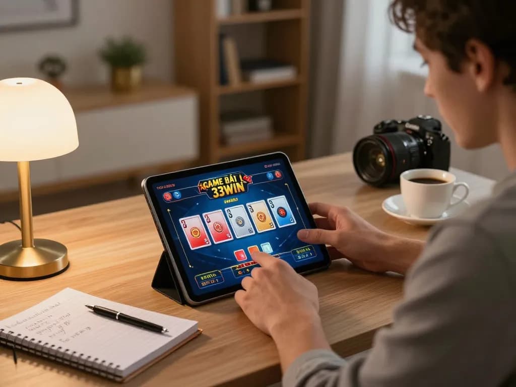 Engaging with GAME BÀI 33WIN through a tablet in a cozy home office, focused on strategic betting.