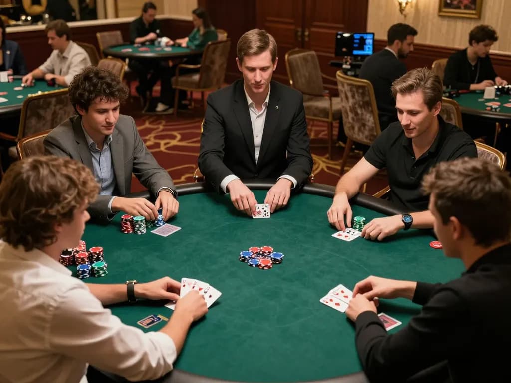 Celebrate wins playing rikvip poker at an upscale casino, vibrant atmosphere with strategic gameplay