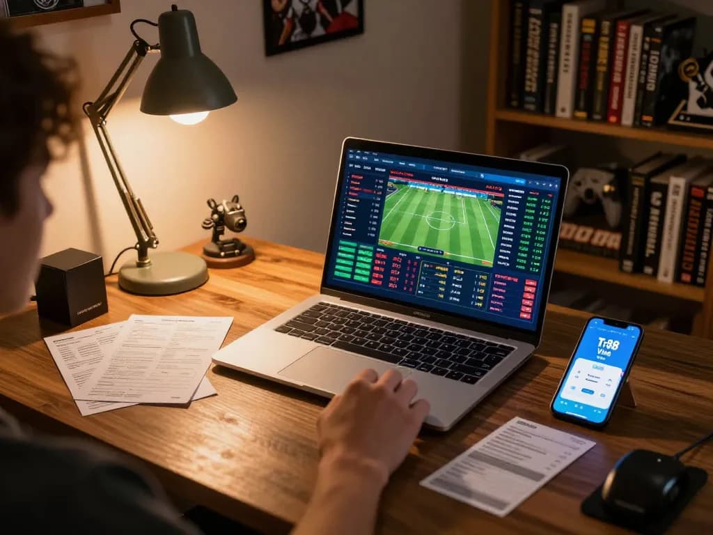 Action-packed sports betting scene featuring a user on Tr88 Vina laptop, engaged with live odds and strategy notes.