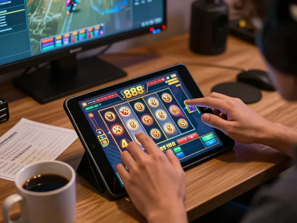 Player engaged in slot88 gameplay on tablet, showcasing strategy and enjoyment in a cozy home setting
