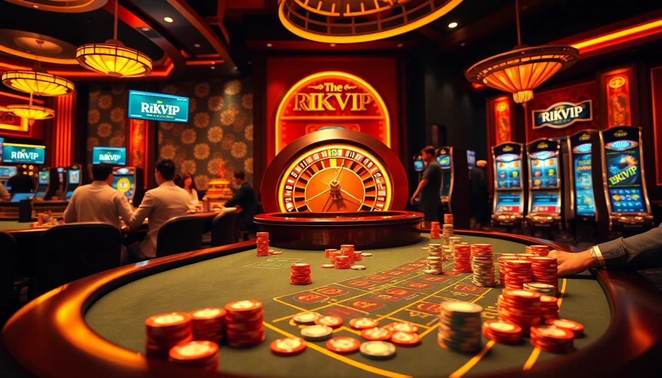 Rikvip online gamblers enjoying vibrant casino games with poker chips and roulette wheel.
