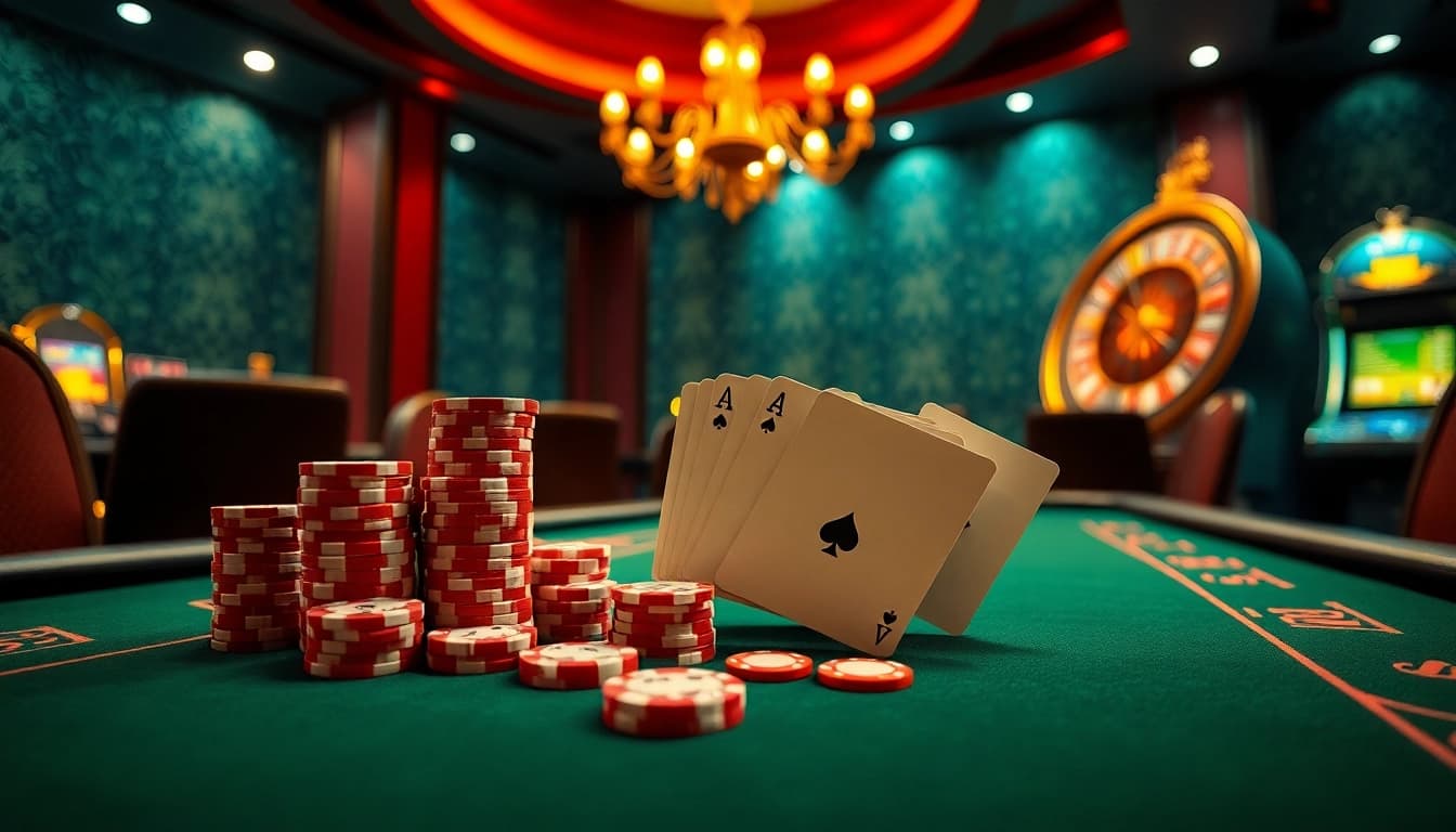 Experience the thrill of MM OO gaming at a luxurious casino table, complete with poker chips and cards.