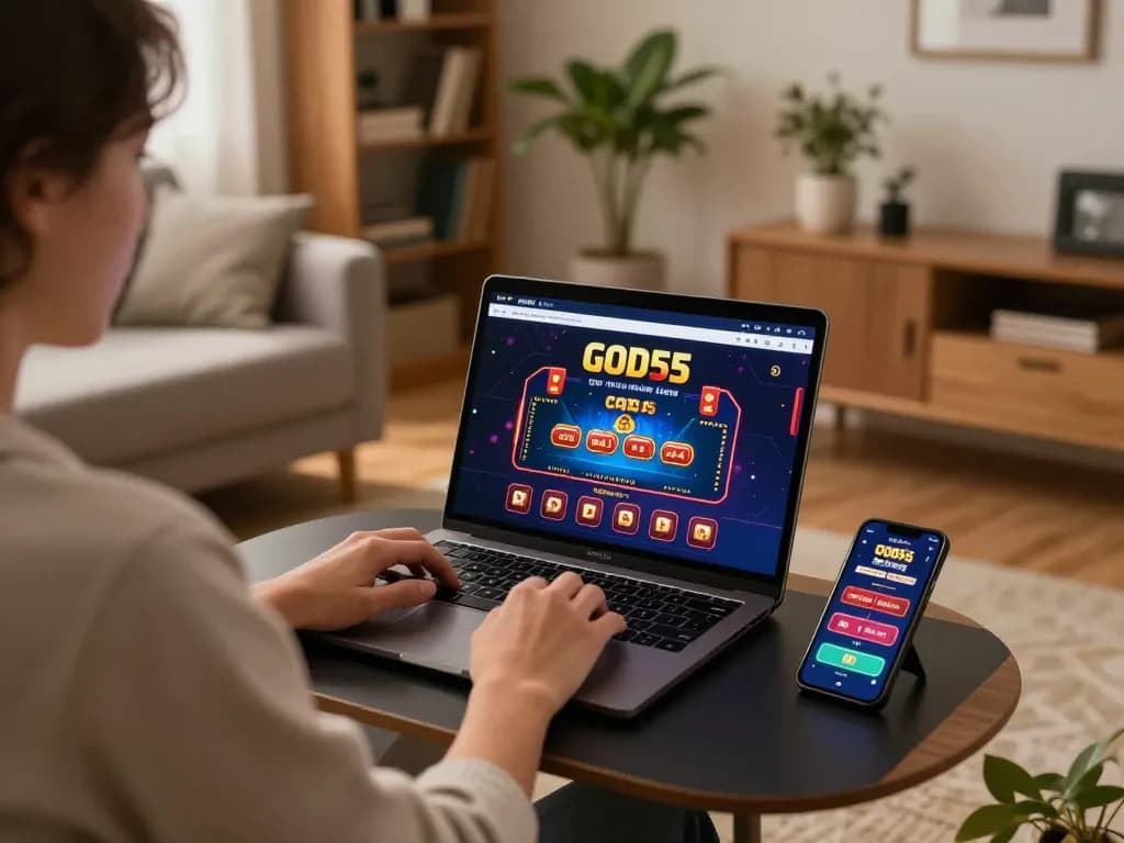 Engaging gameplay with God55 online casino interface in a cozy home setting, showcasing strategic gambling.