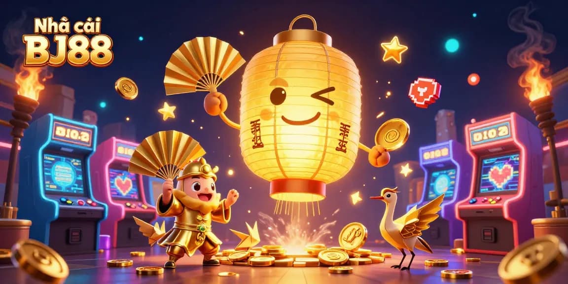 Join the exciting action at Nhà cái BJ88 featuring vibrant casino elements and energetic characters.