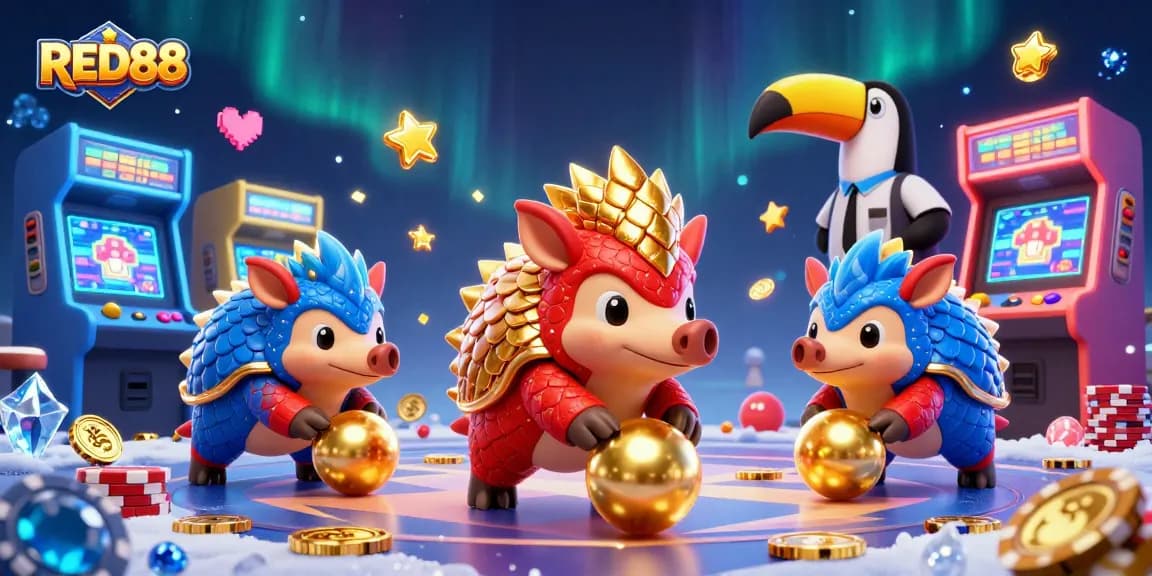 Engage in thrilling gameplay with RED88's vibrant 3D pangolins in a dazzling casino scene.