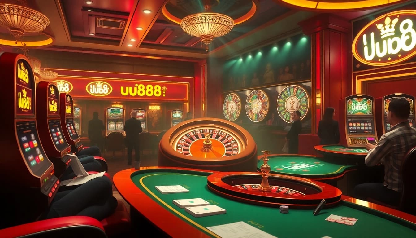 Experience the thrill of uu88 with a luxurious online gambling scene featuring casino tables and slot machines.