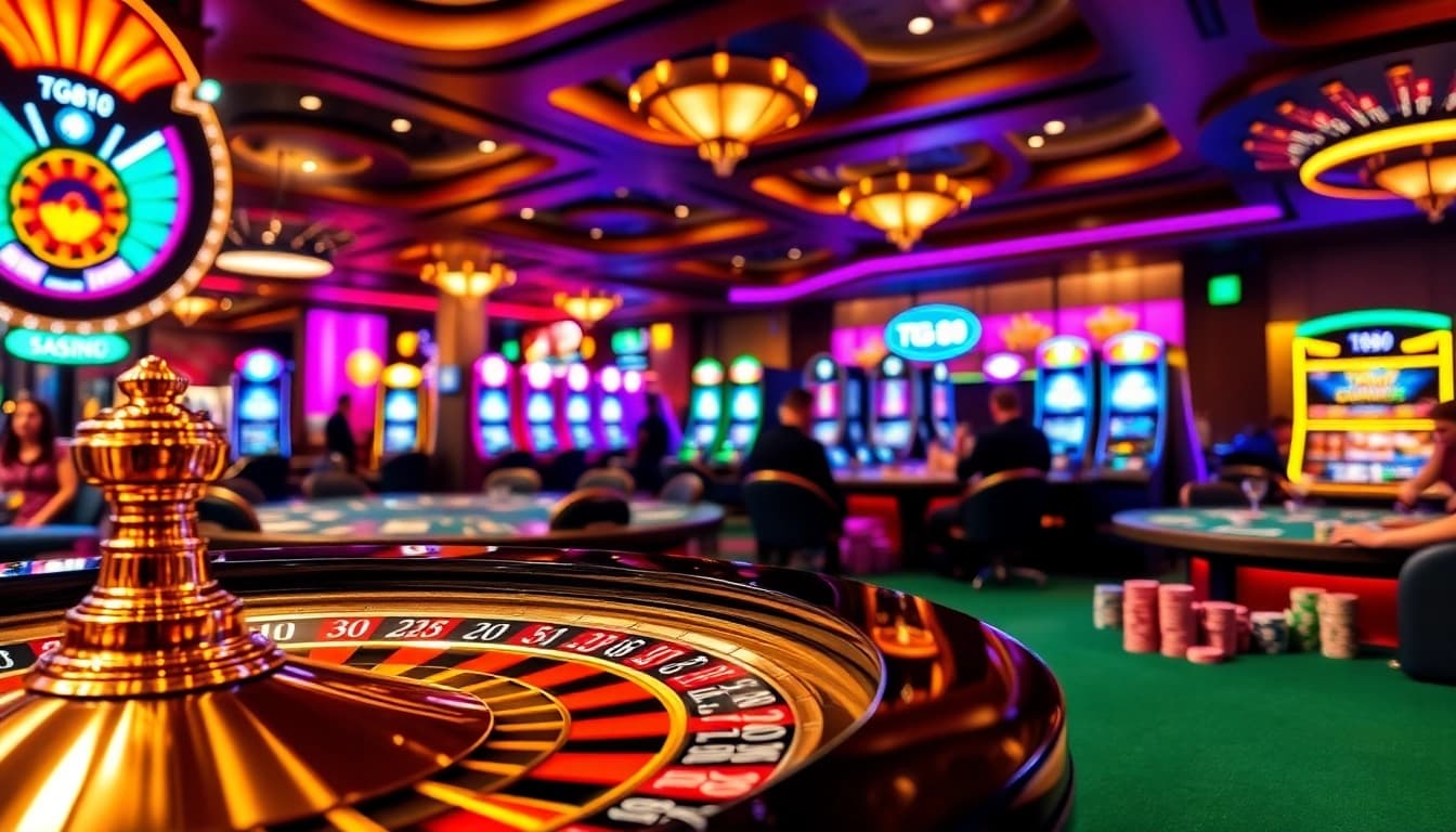 Engaging players enjoying high-stakes gaming at tg88.com casino, showcasing vibrant slot machines and poker.
