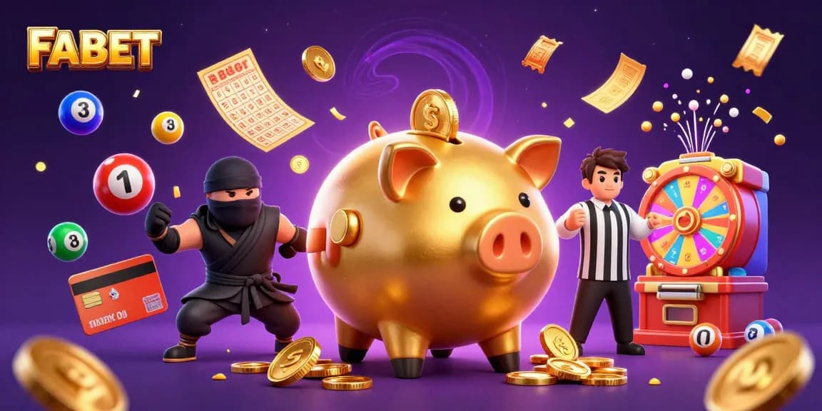 FABET gaming scene with golden piggy bank sumo wrestler and colorful lottery elements.