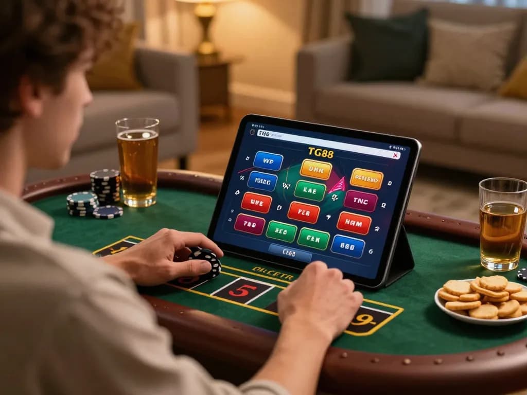Player enjoying live dealer game on TG88 app, surrounded by snacks and drinks in cozy home setting.