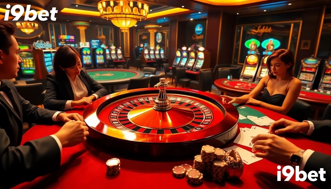 Players placing bets at an elegant roulette table in a high-stakes game session at i9bet.