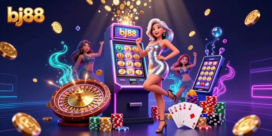 Experience the thrills of bj88 with a stunning jackpot scene featuring a joyful Asian woman at a slot machine.