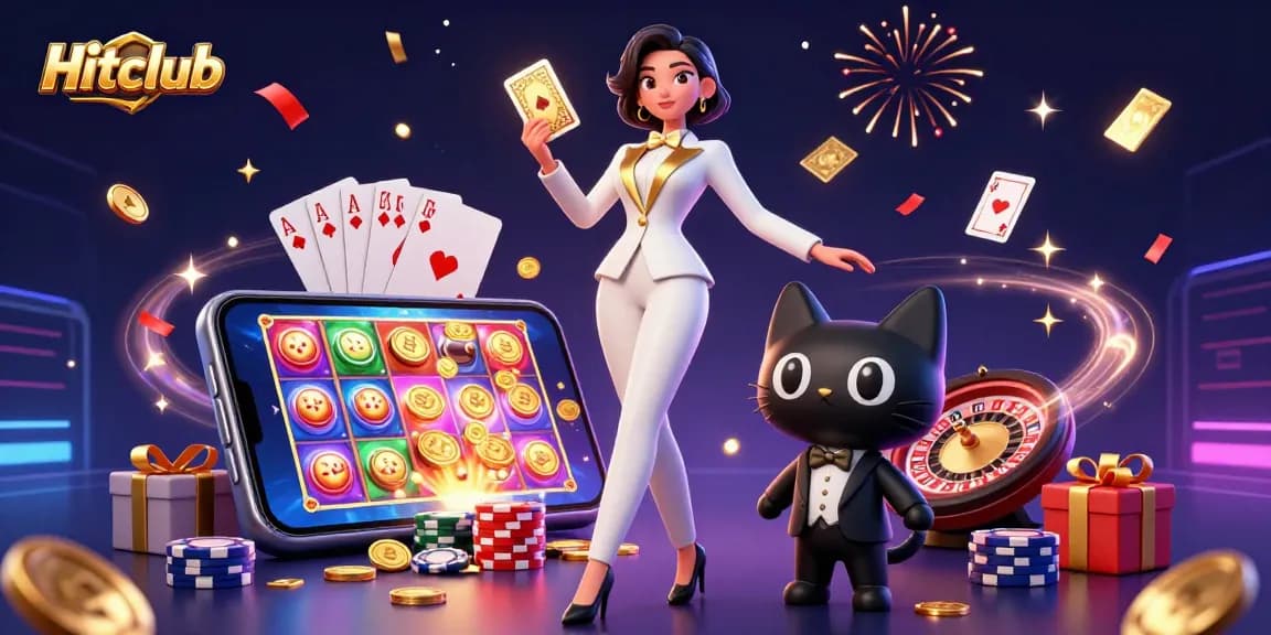 Hitclub offers playful casino experiences with a glamorous dealer and a charming cat in a vibrant setting.