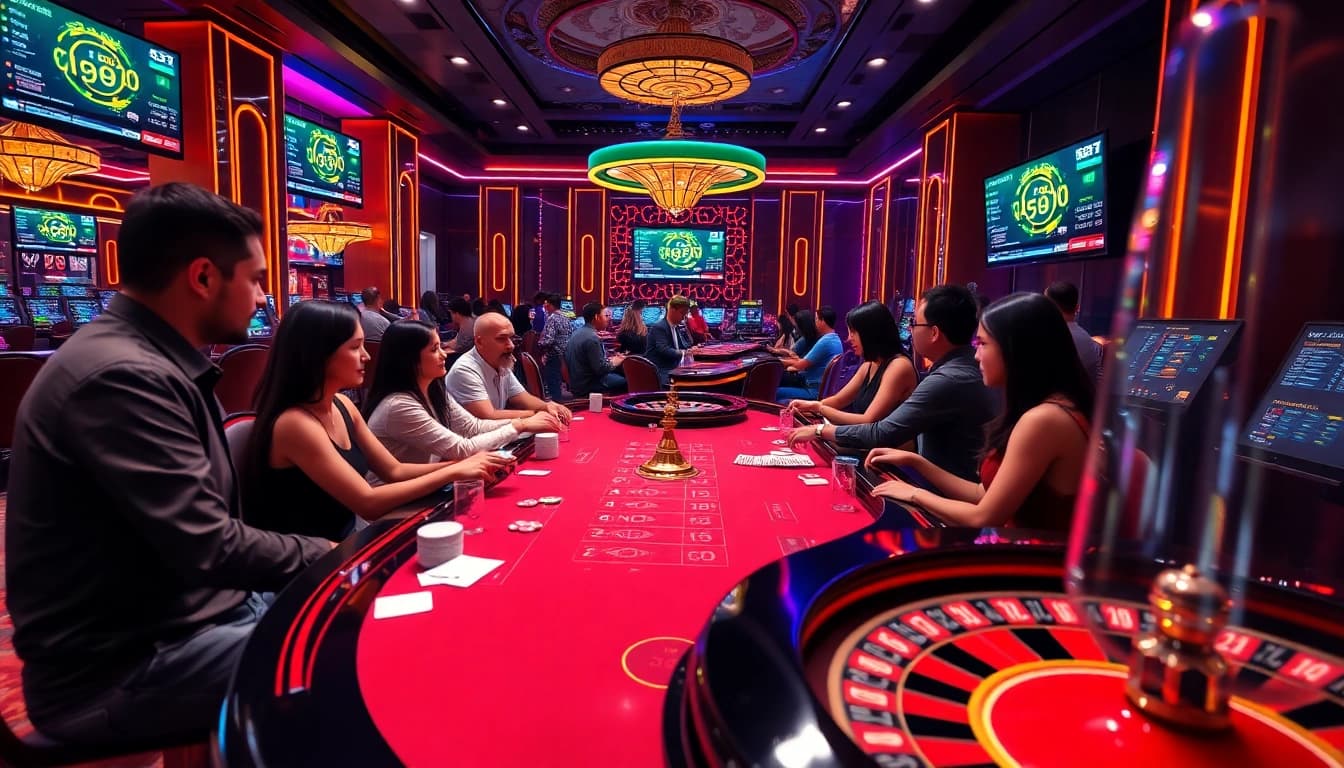 K9K9 game atmosphere with players at a luxury casino table, showcasing interaction and excitement.