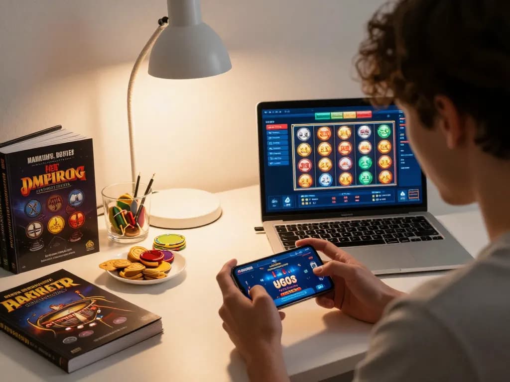 Player exploring RR88 gaming options on smartphone in cozy home office, depicting online betting.