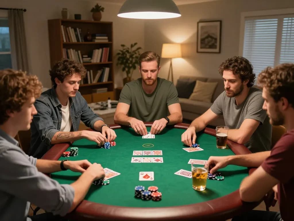Friends enjoying a competitive poker game at home, featuring sc88 poker chips and vibrant atmosphere.