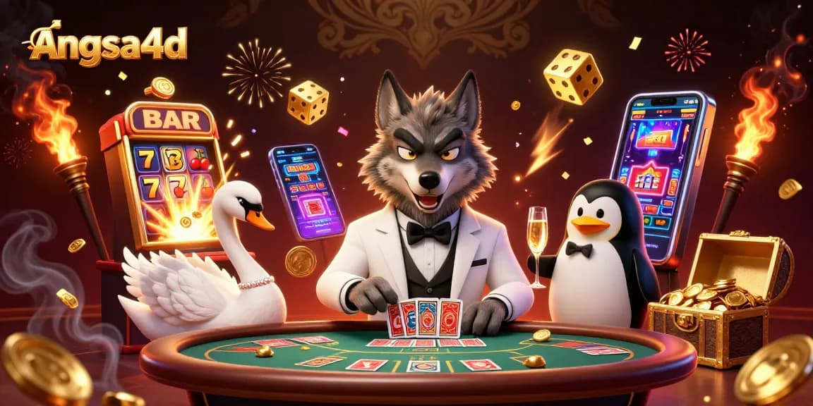 Experience the excitement of angsa4d with a vibrant casino-themed illustration featuring a debonair wolf and friends.