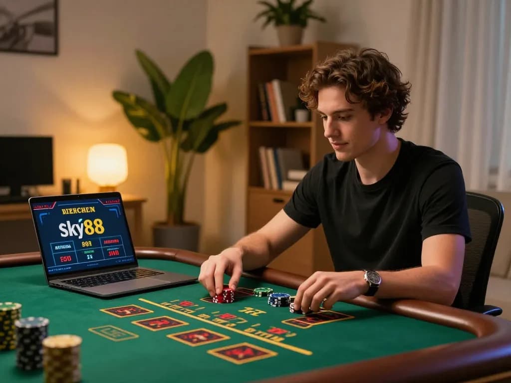 Engaging in a live dealer game with Sky88 at home, showcasing a dynamic online gaming atmosphere.