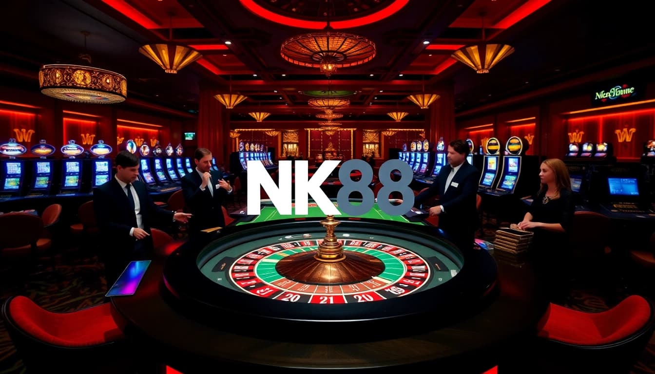 Players engaging in thrilling games at NK88, showcasing poker chips and a roulette wheel.