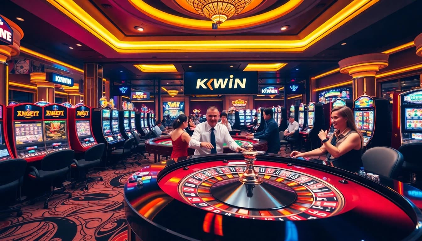 Players enjoying a winning moment at KKWIN, surrounded by vibrant casino atmosphere and slot machines.