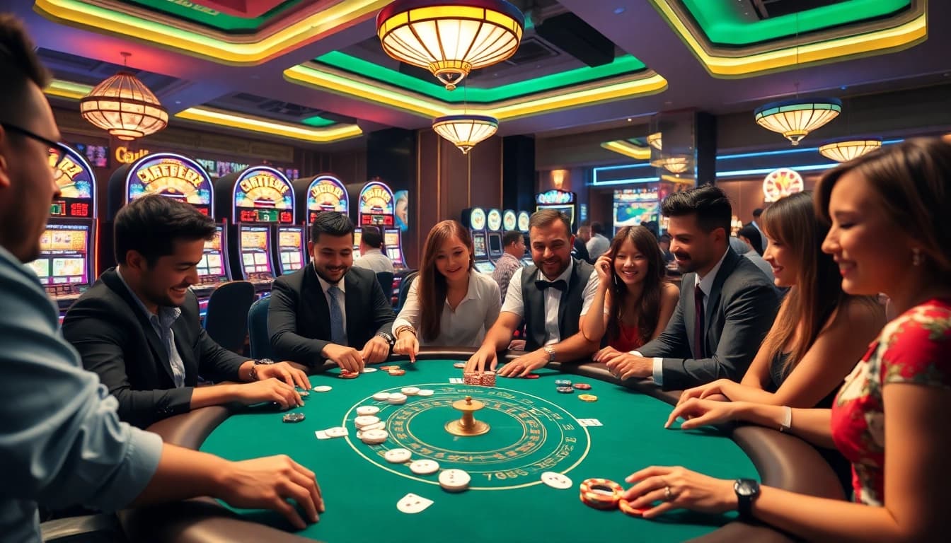 Engaging in a high-stakes poker game at trang kjc casino with vibrant colors and professional atmosphere.