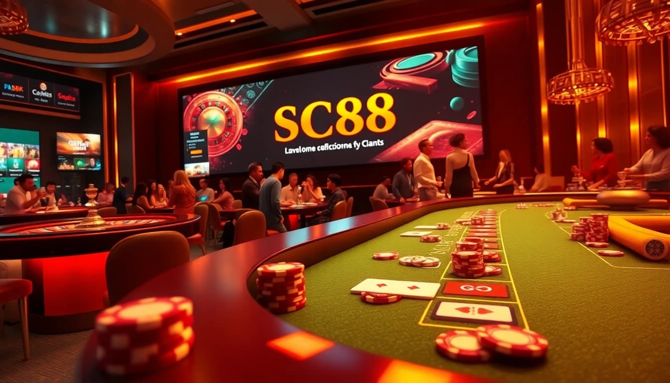 Engage with SC88's exciting casino experience featuring vibrant casino tables and roulette wheels.