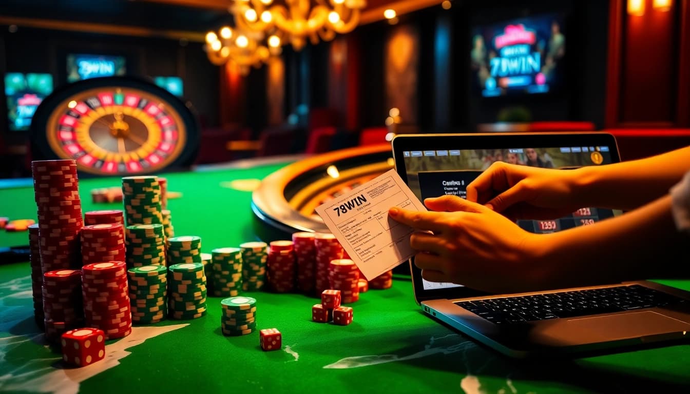Exciting gambling at 78WIN Casino with vibrant poker chips and a spinning roulette wheel.