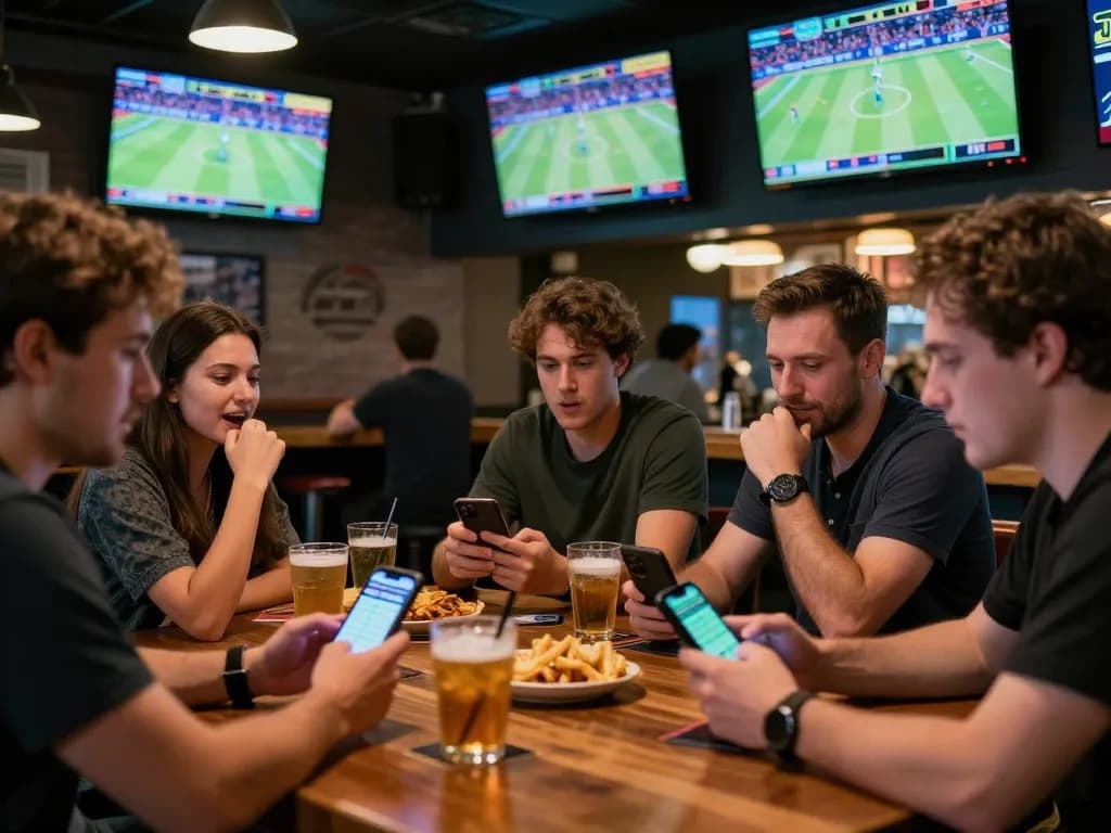 Patrons at Jun88 actively engaging in sports betting with smartphone apps during a live game.