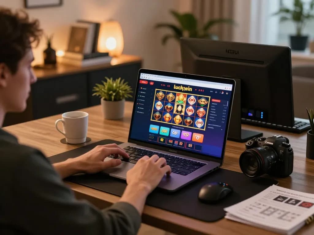Engaging with luckywin online casino options on a modern laptop with tips nearby