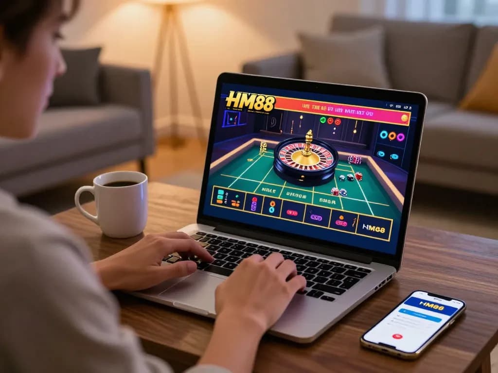 Engaging with HM88 live dealer casino on laptop, showcasing roulette gameplay in a cozy setting