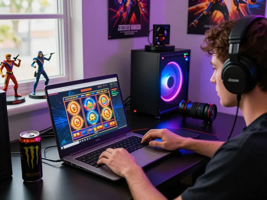 Engaging Zeus138 online gaming scene with a player immersed in vibrant slot games.